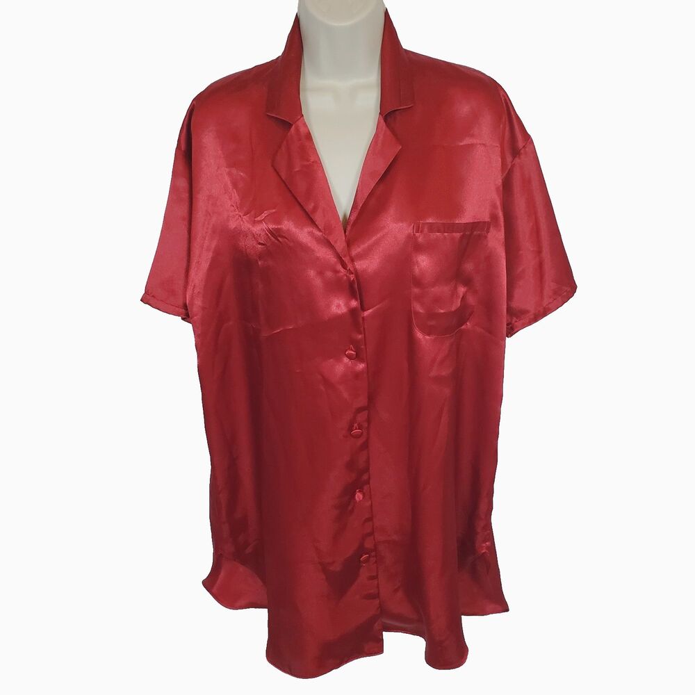 VTG Victoria's Secret Sleep Shirt Size Small Red Satin Night Gown Short Sleeve
